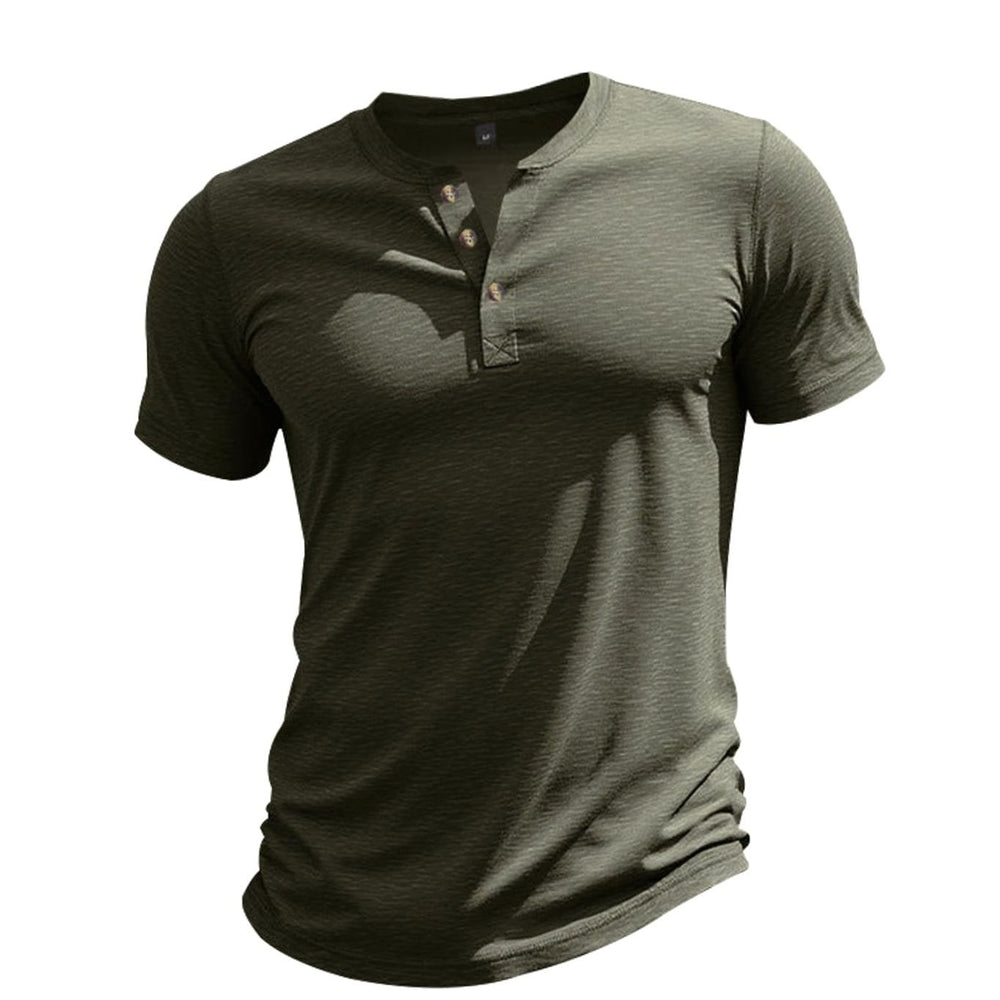 Men's Short-Sleeve Cotton Henley Shirt Button Placket - Olive Green