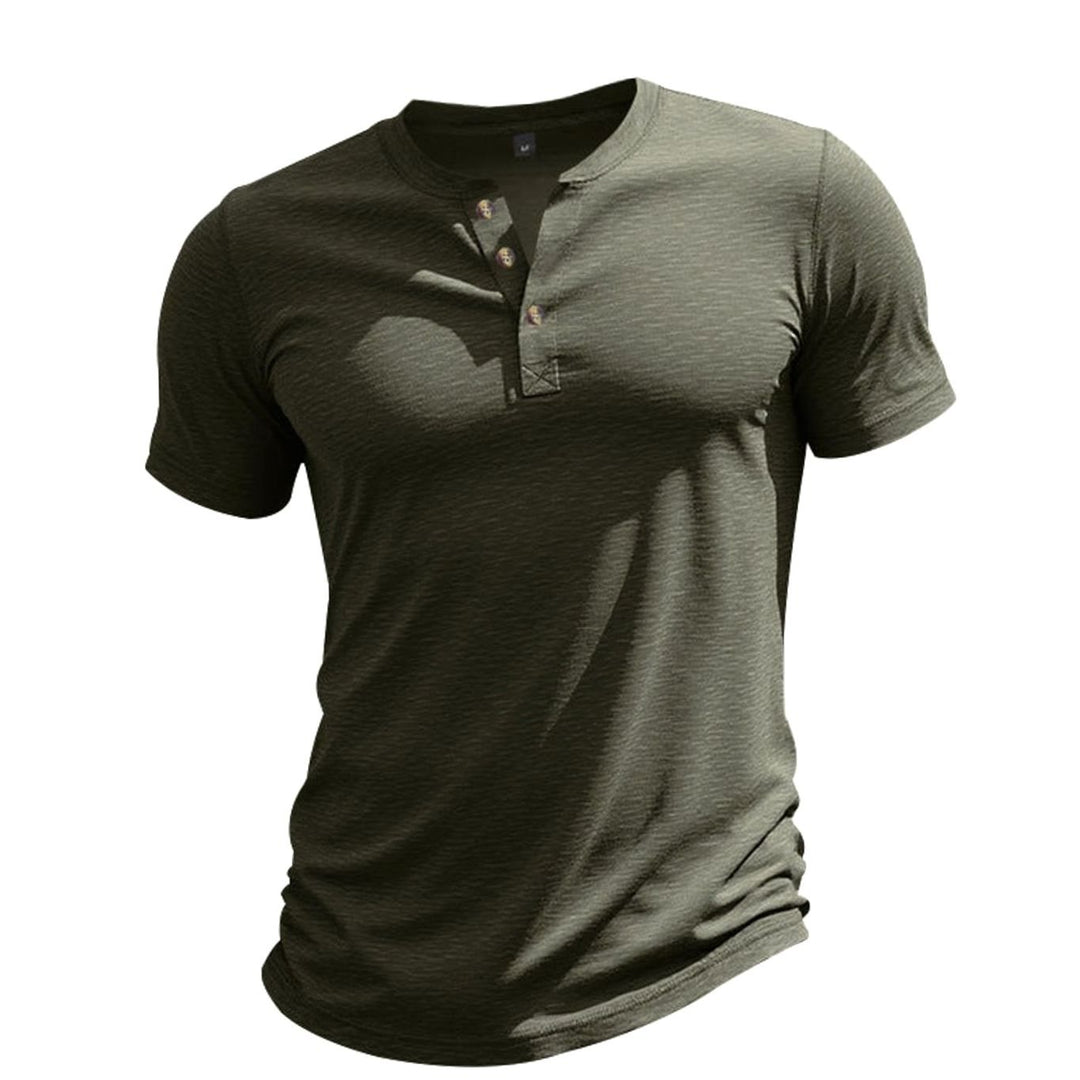 Men's Short-Sleeve Cotton Henley Shirt Button Placket - Olive Green