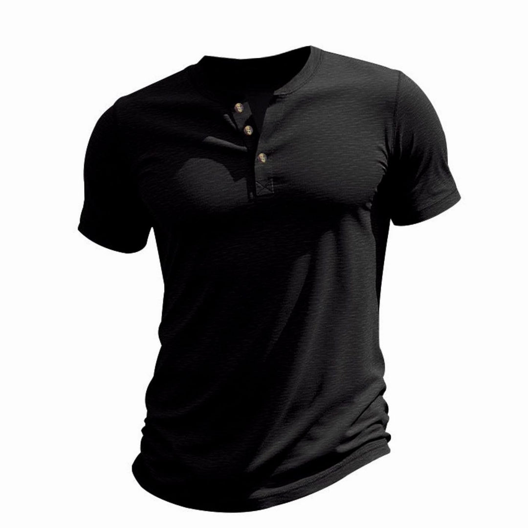 Men's Short-Sleeve Cotton Henley Shirt Button Placket - Black