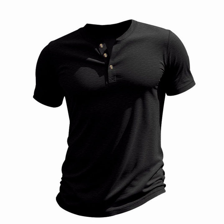 Men's Short-Sleeve Cotton Henley Shirt Button Placket - Black