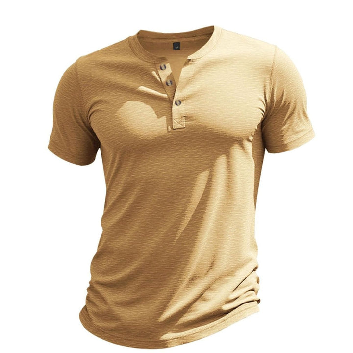 Men's Short-Sleeve Cotton Henley Shirt Button Placket - Khaki