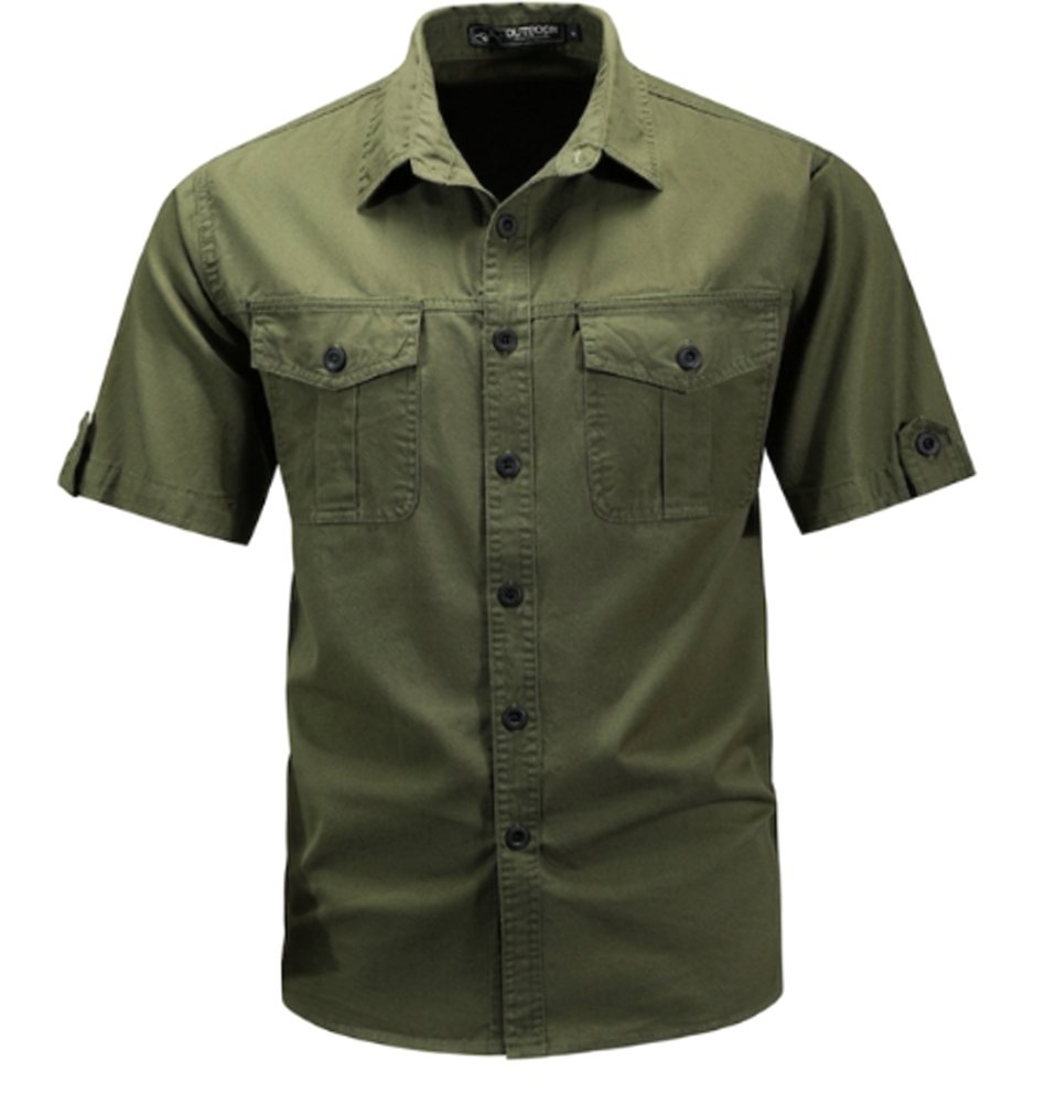 Men's Short-Sleeve Dual-Pocket Button-Down Casual Shirt - Army Green