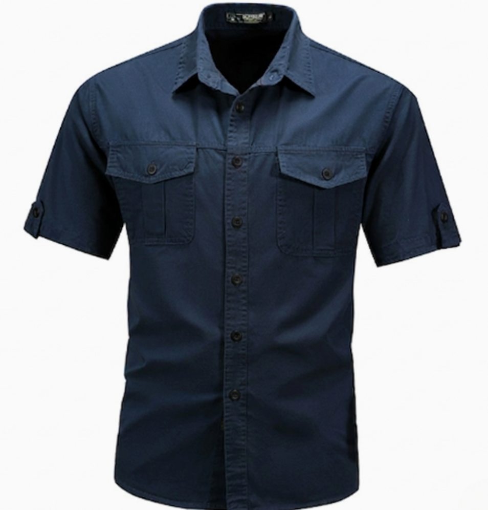Men's Short-Sleeve Dual-Pocket Button-Down Casual Shirt - Dark Blue