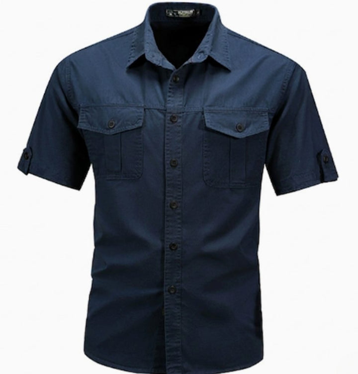 Men's Short-Sleeve Dual-Pocket Button-Down Casual Shirt - Dark Blue