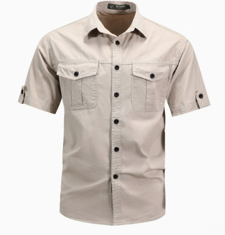 Men's Short-Sleeve Dual-Pocket Button-Down Casual Shirt - Beige