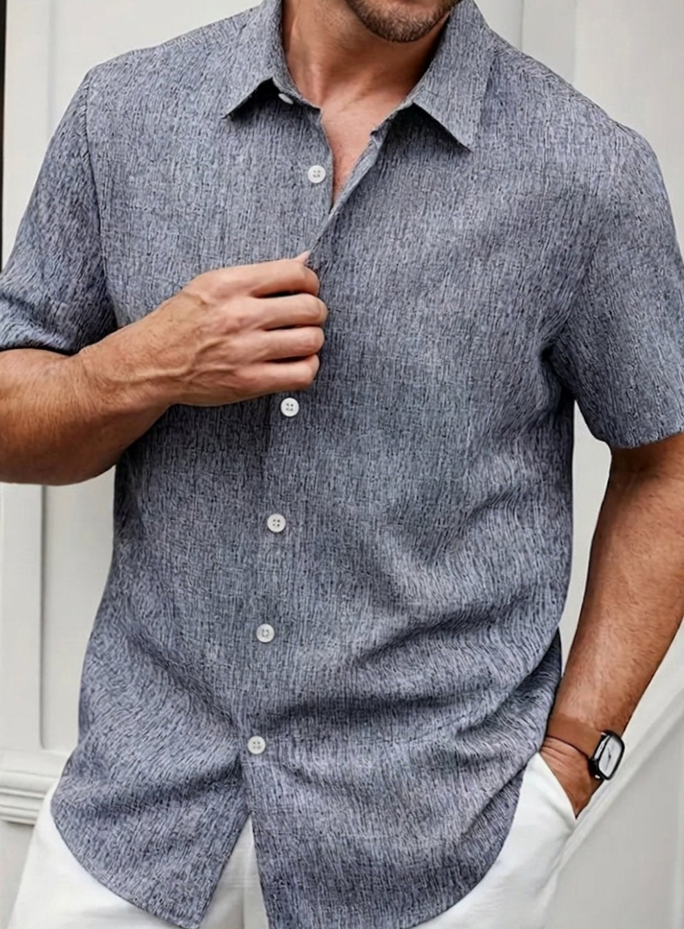 Men's Short-Sleeve Textured Button-Down Casual Shirt, White - Dark Grey