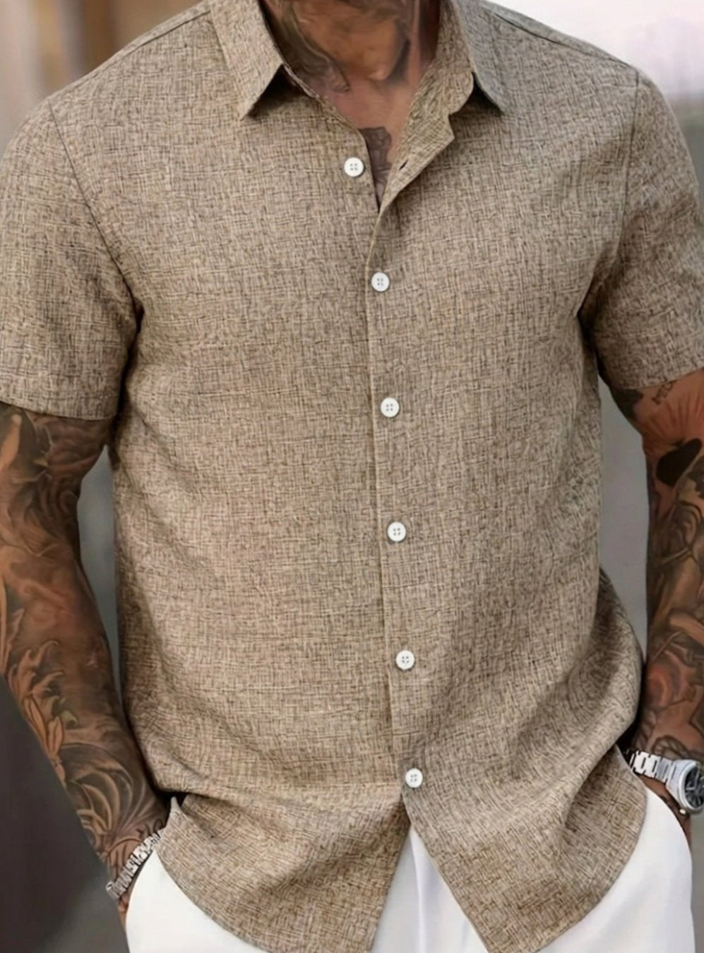 Men's Short-Sleeve Textured Button-Down Casual Shirt, White - Apricot