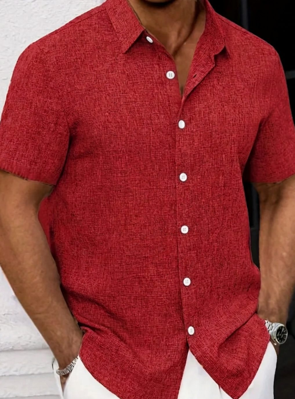 Men's Short-Sleeve Textured Button-Down Casual Shirt, White - Red