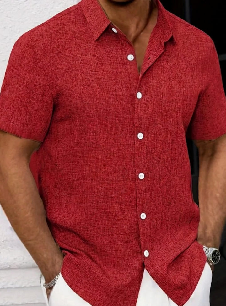 Men's Short-Sleeve Textured Button-Down Casual Shirt, White - Red