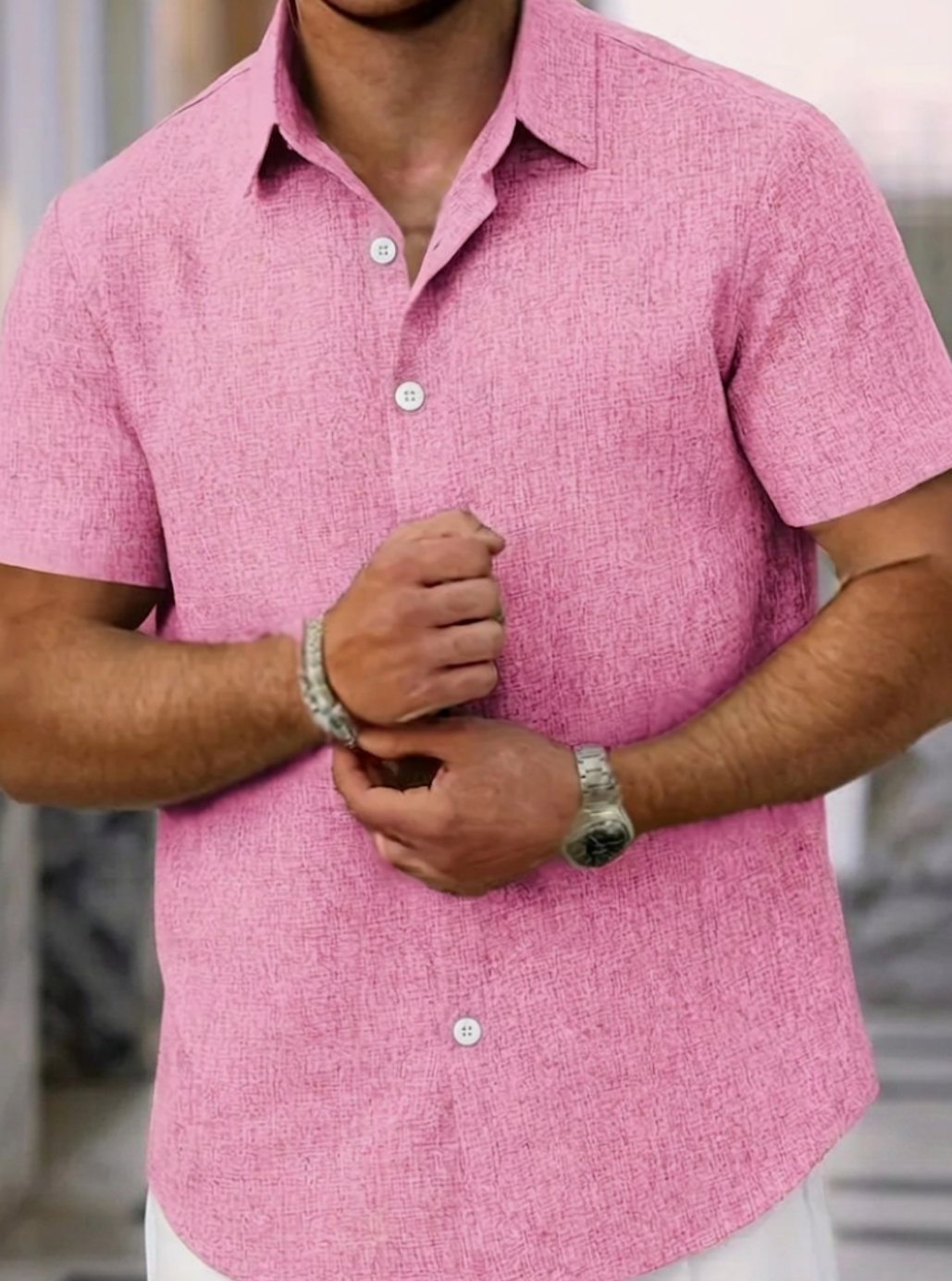 Men's Short-Sleeve Textured Button-Down Casual Shirt, White - Pink