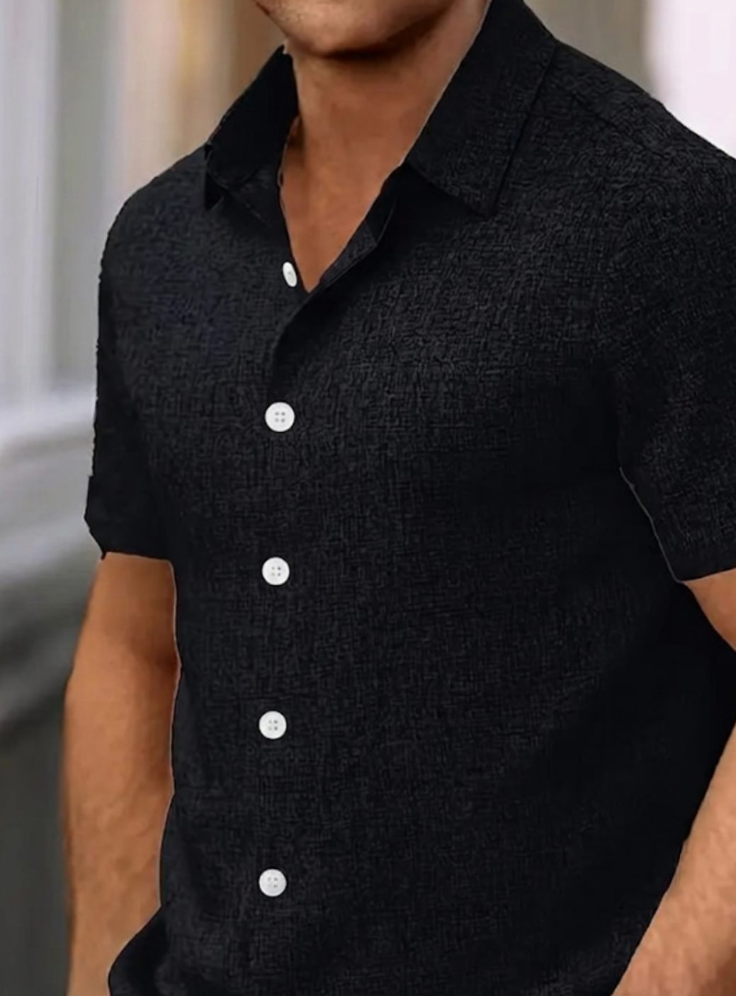 Men's Short-Sleeve Textured Button-Down Casual Shirt, White - Black