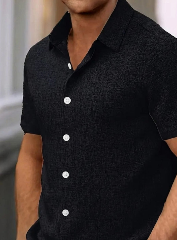 Men's Short-Sleeve Textured Button-Down Casual Shirt, White - Black