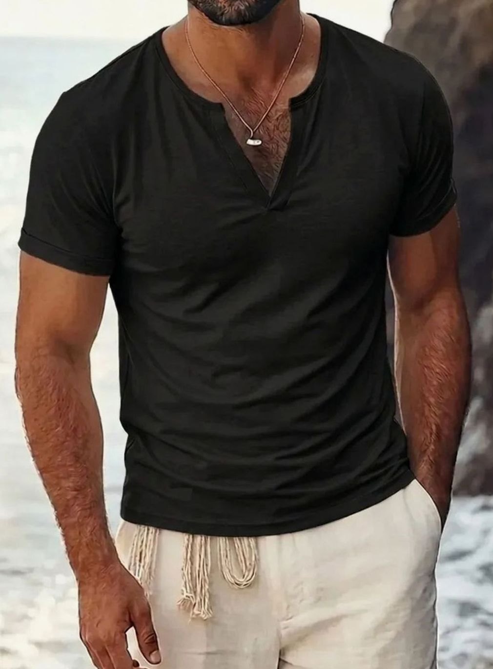 Men's Short-Sleeve V-Neck Henley Shirt - Black