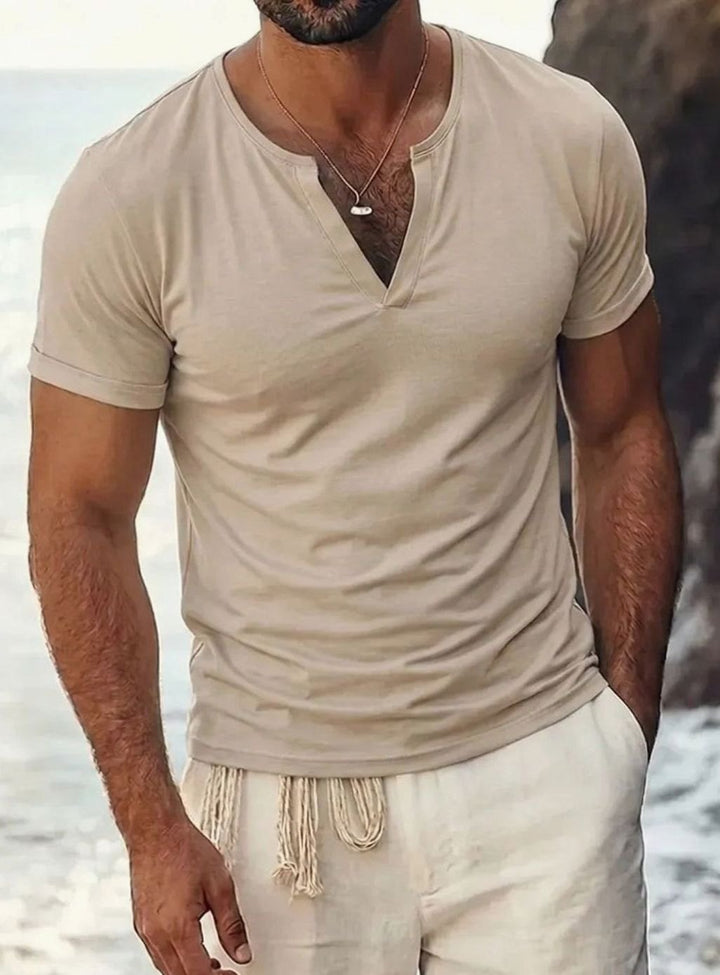 Men's Short-Sleeve V-Neck Henley Shirt - Beige