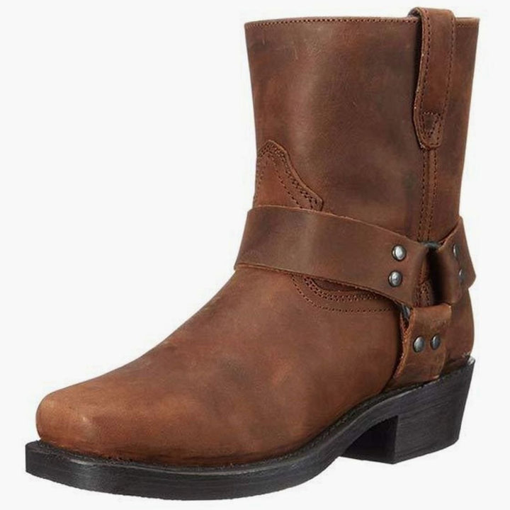 Men's Side-Zip Buckle-Strap Pointed-Toe Western Cowboy Boots - Brown