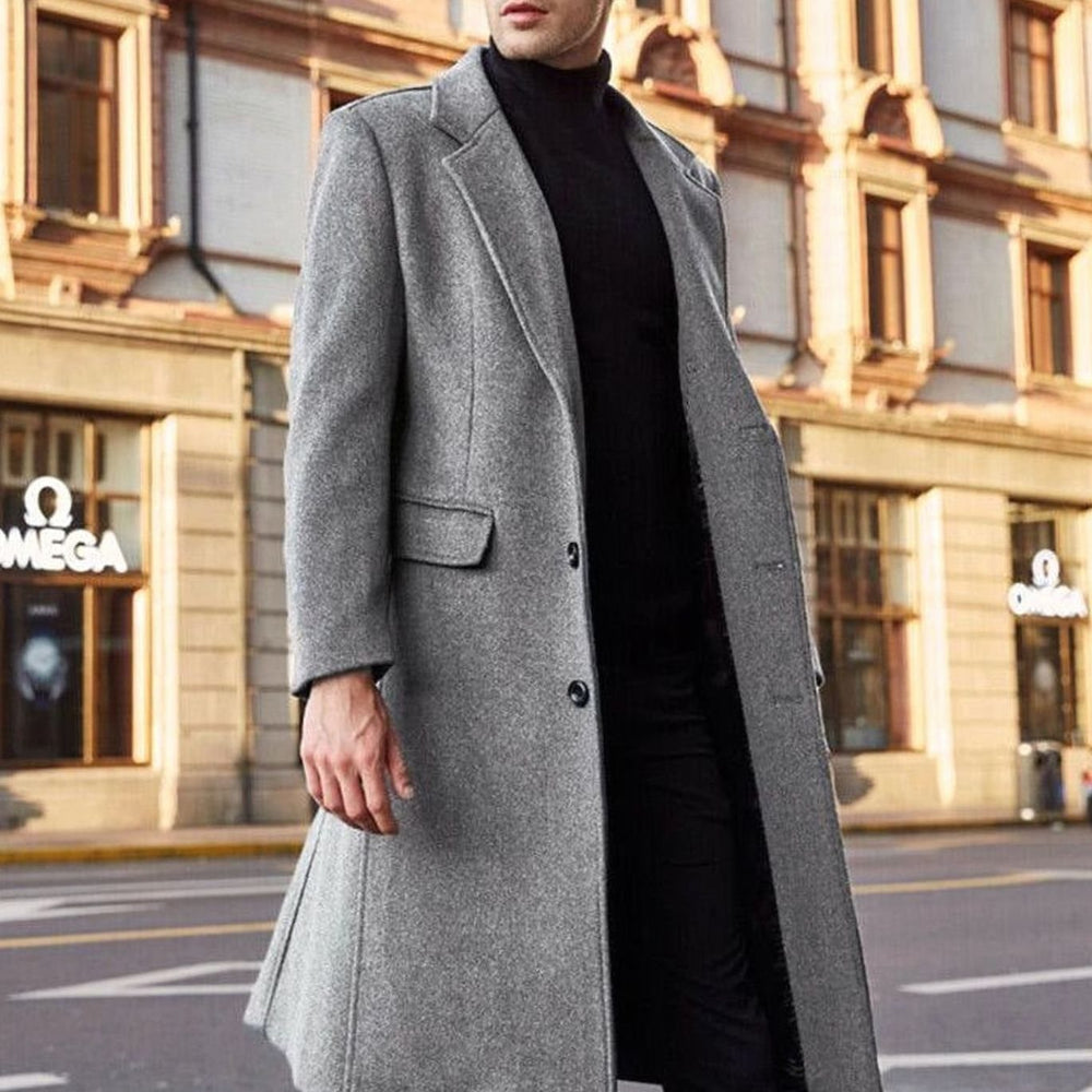 Men's Single-Breasted Long Wool-Blend Overcoat - Gray