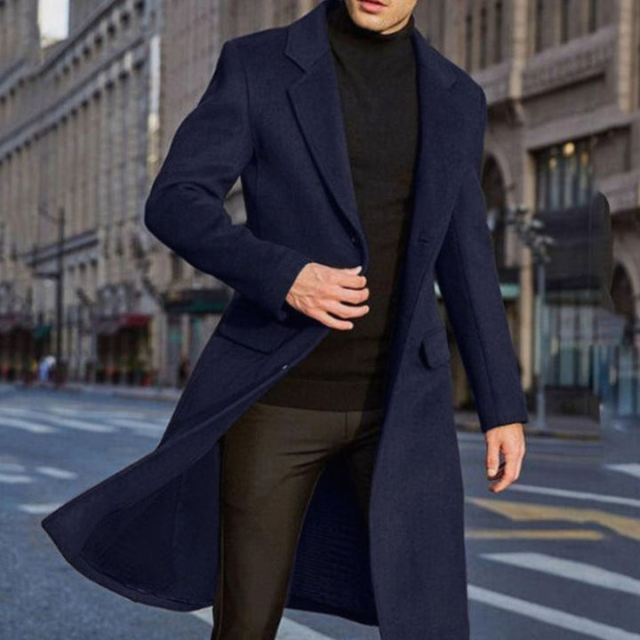 Men's Single-Breasted Long Wool-Blend Overcoat - Navy Blue