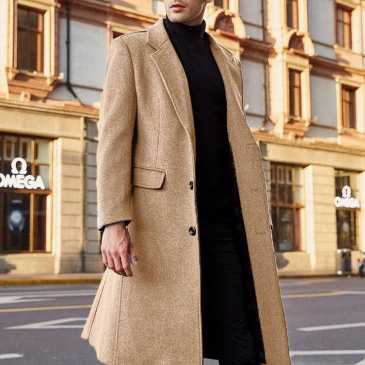 Men's Single-Breasted Long Wool-Blend Overcoat - Khaki
