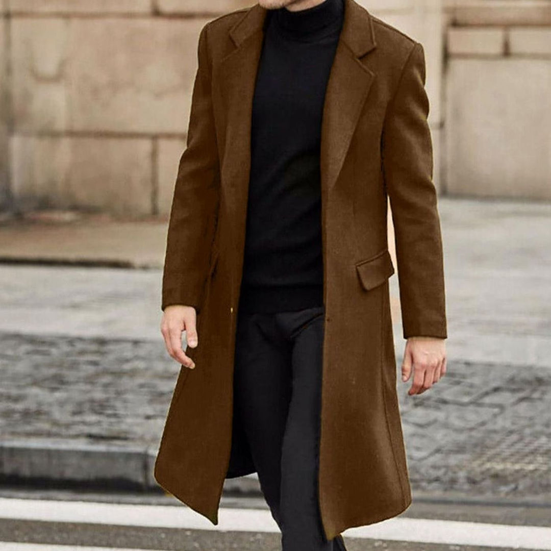 Men's Single-Breasted Long Wool-Blend Overcoat - Brown