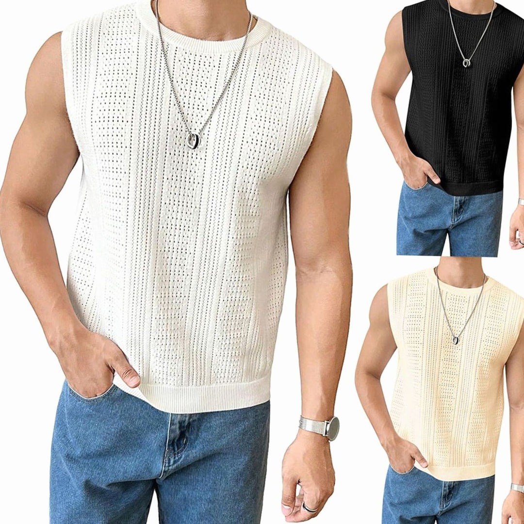 Men's Sleeveless Open-Knit Crew Neck Tank Top