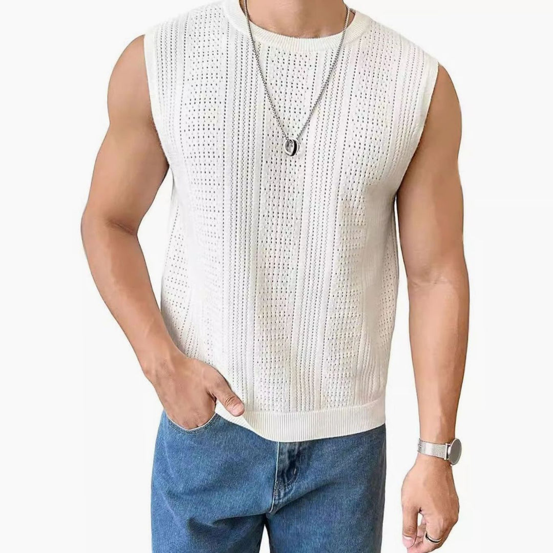 Men's Sleeveless Open-Knit Crew Neck Tank Top - White