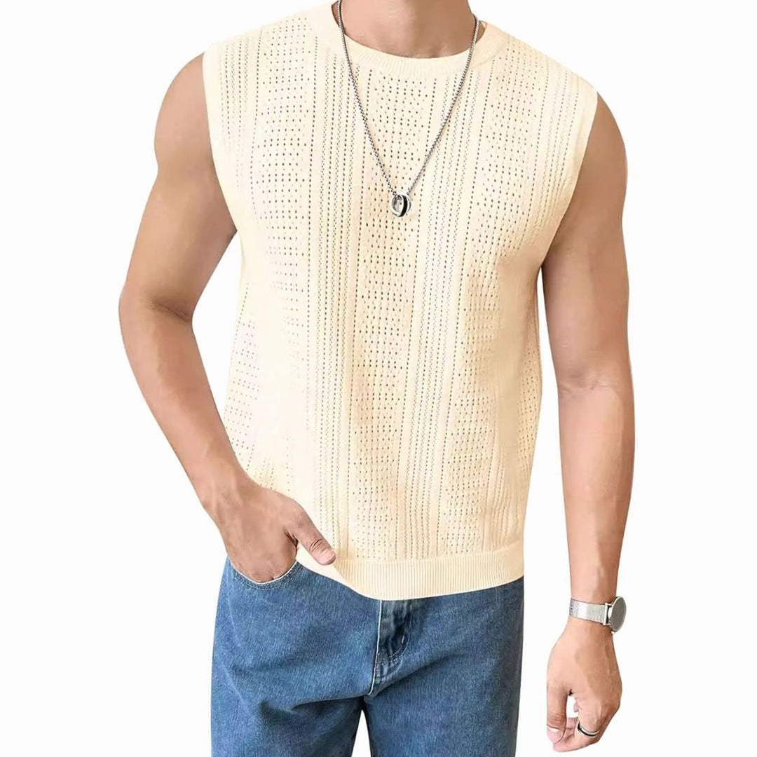 Men's Sleeveless Open-Knit Crew Neck Tank Top - Apricot