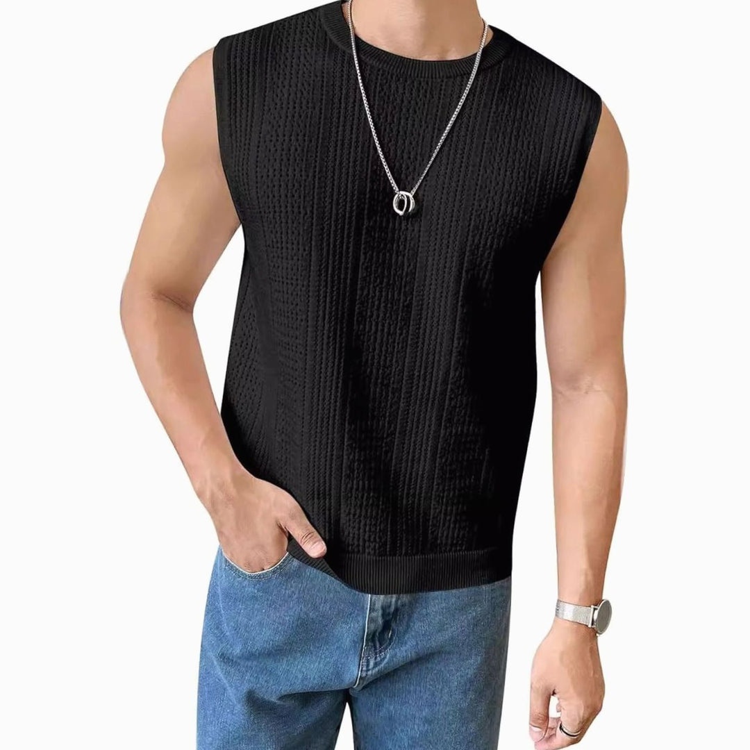 Men's Sleeveless Open-Knit Crew Neck Tank Top - Black