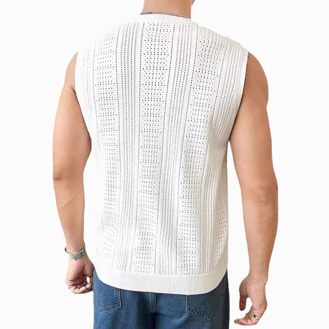 Men's Sleeveless Open-Knit Crew Neck Tank Top