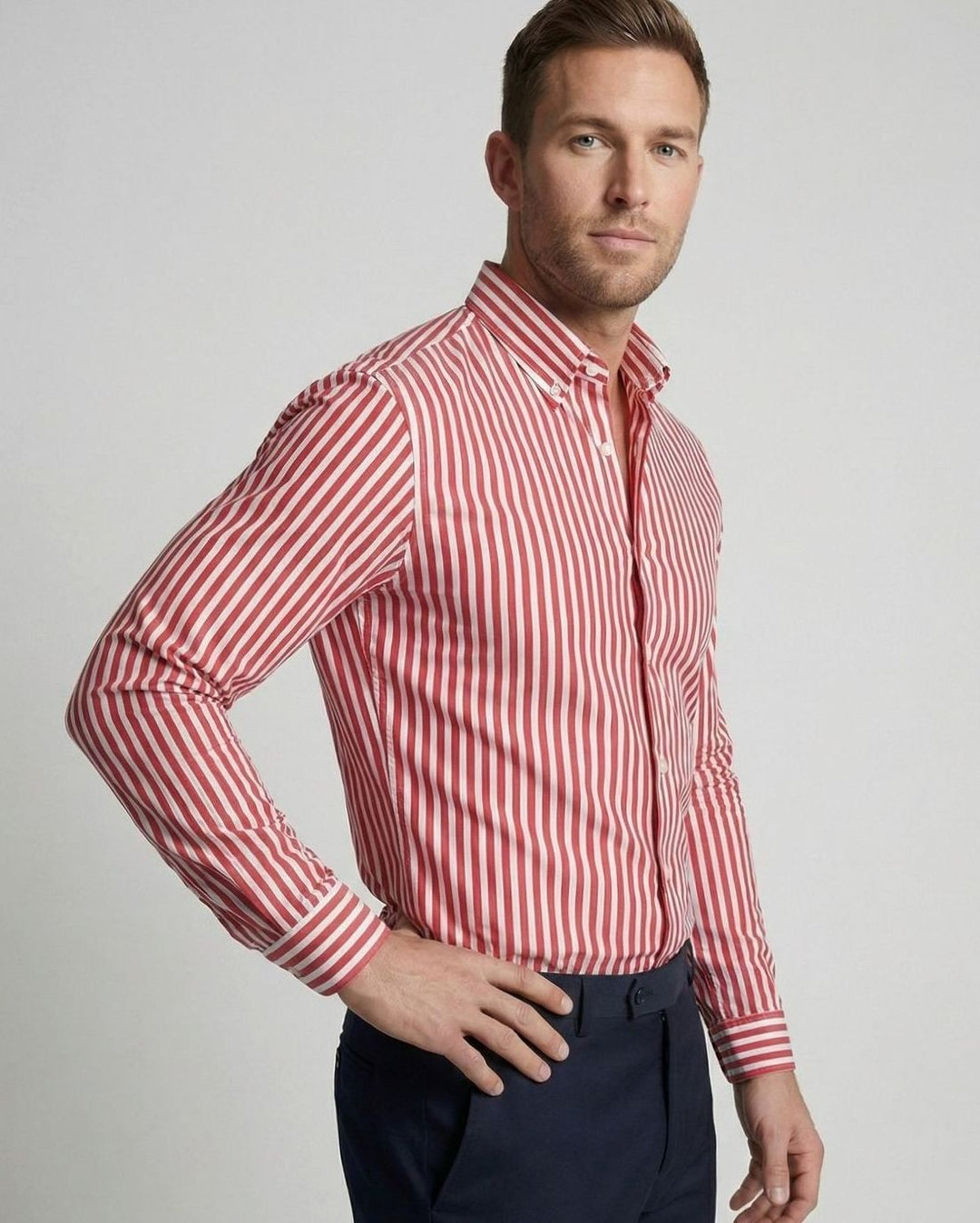 Men's Slim-Fit Bold Striped Long-Sleeve Button-Down Shirt - Red