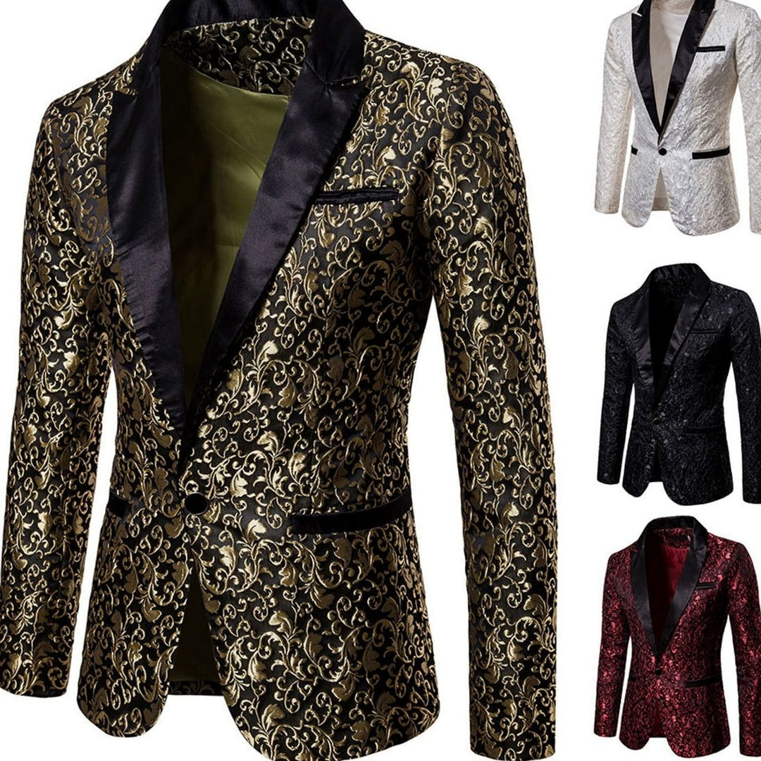 Men's Slim-Fit Brocade Satin-Lapel Single-Button Blazer Jacket, Gold