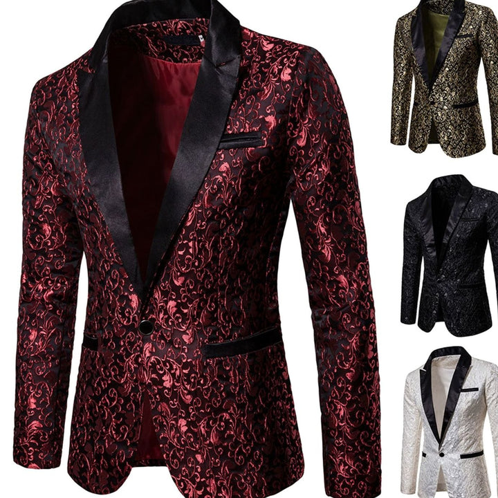 Men's Slim-Fit Brocade Satin-Lapel Single-Button Blazer Jacket, Gold