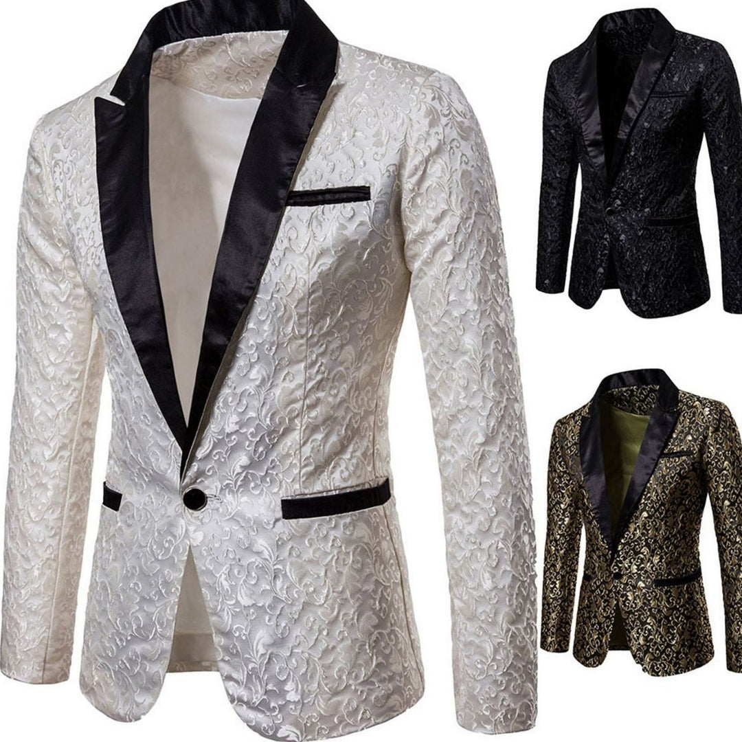 Men's Slim-Fit Brocade Satin-Lapel Single-Button Blazer Jacket, Gold