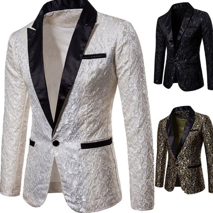 Men's Slim-Fit Brocade Satin-Lapel Single-Button Blazer Jacket, Gold