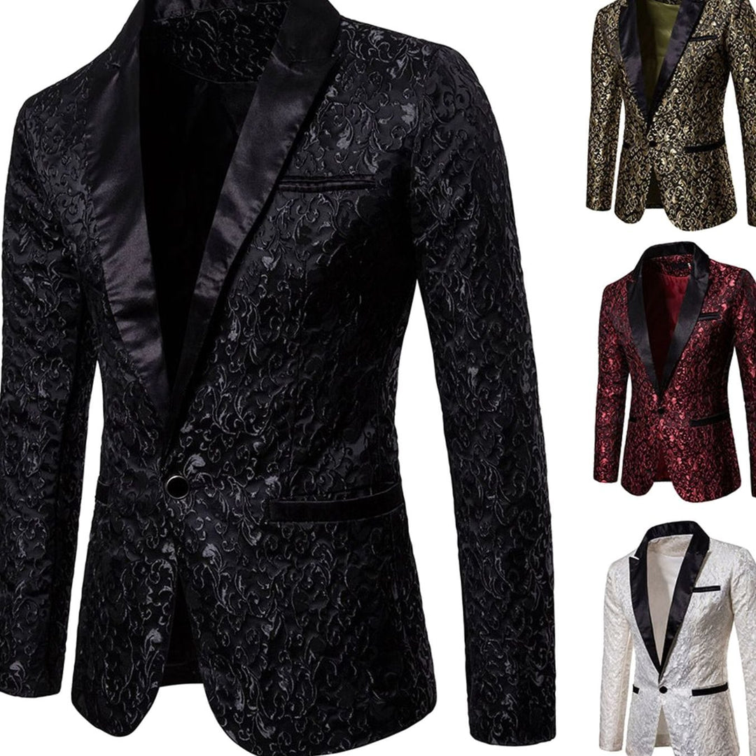 Men's Slim-Fit Brocade Satin-Lapel Single-Button Blazer Jacket, Gold