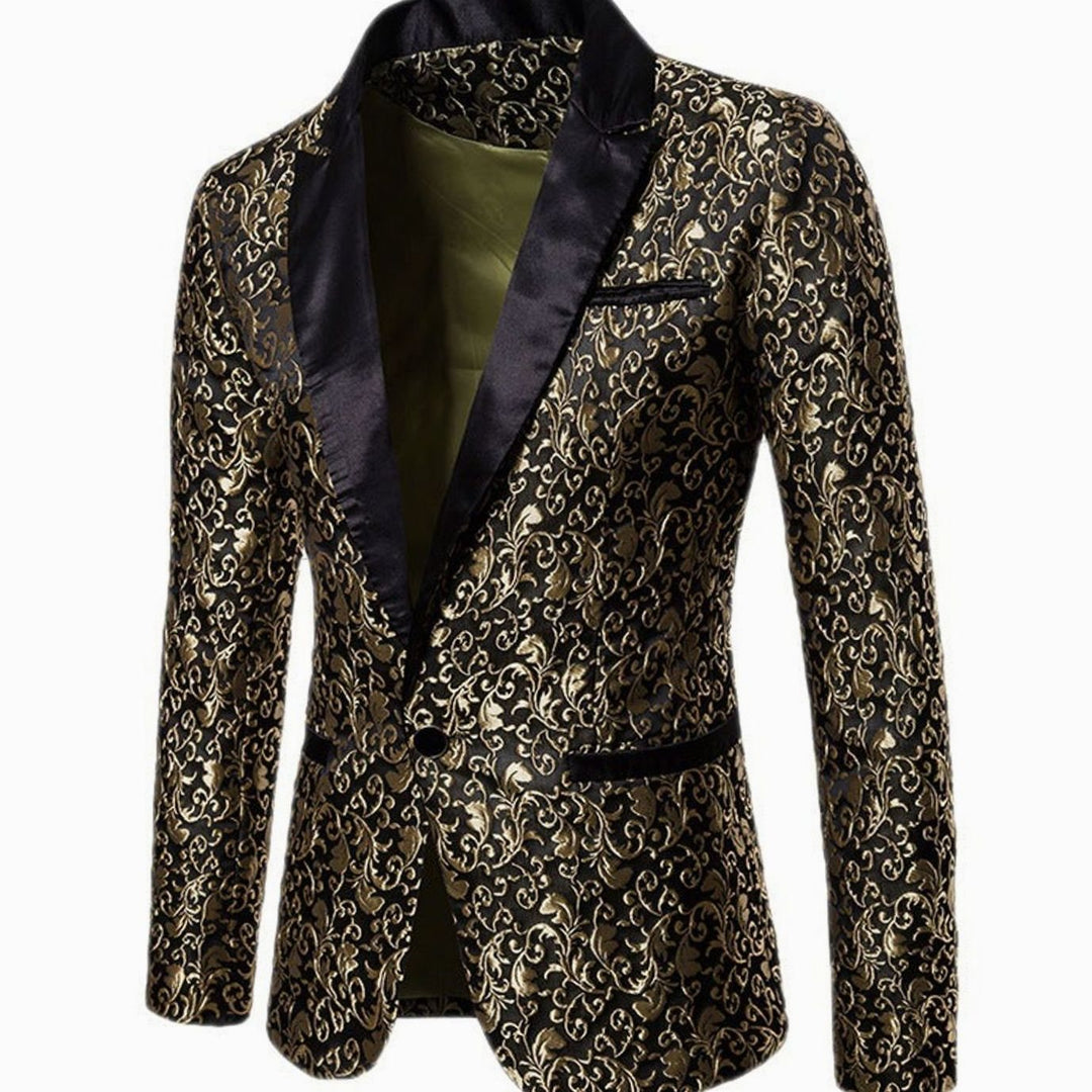 Men's Slim-Fit Brocade Satin-Lapel Single-Button Blazer Jacket, Gold