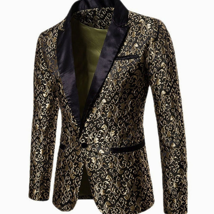Men's Slim-Fit Brocade Satin-Lapel Single-Button Blazer Jacket, Gold