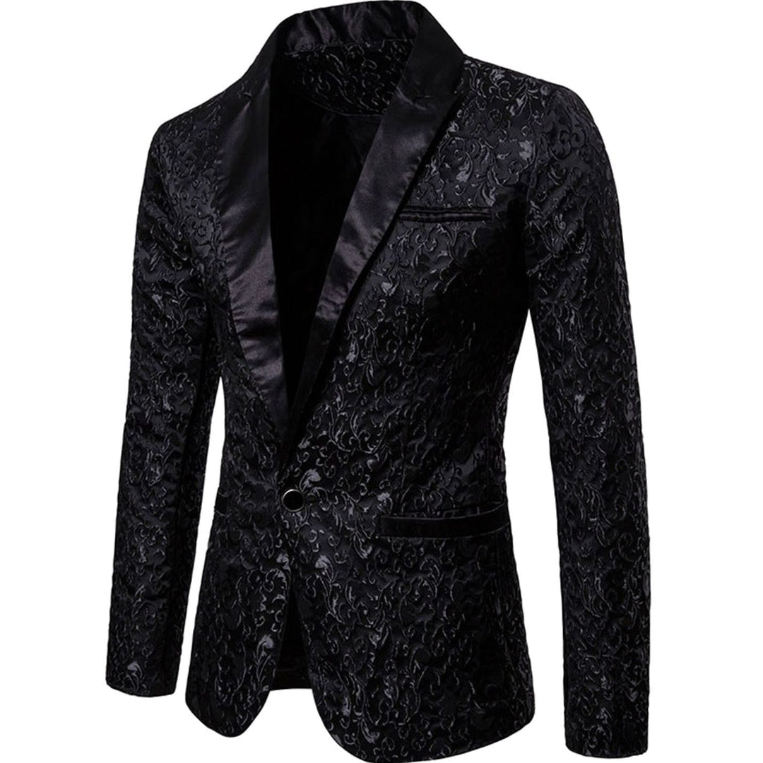 Men's Slim-Fit Brocade Satin-Lapel Single-Button Blazer Jacket, Gold - Black