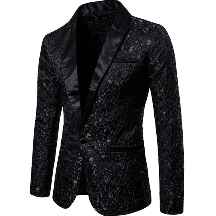 Men's Slim-Fit Brocade Satin-Lapel Single-Button Blazer Jacket, Gold - Black