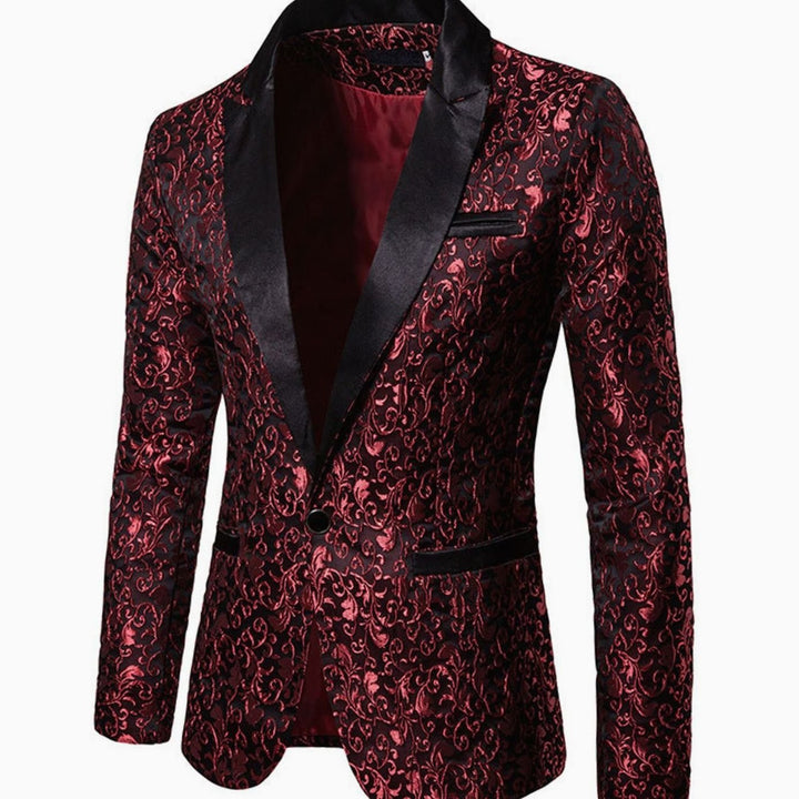 Men's Slim-Fit Brocade Satin-Lapel Single-Button Blazer Jacket, Gold - Red