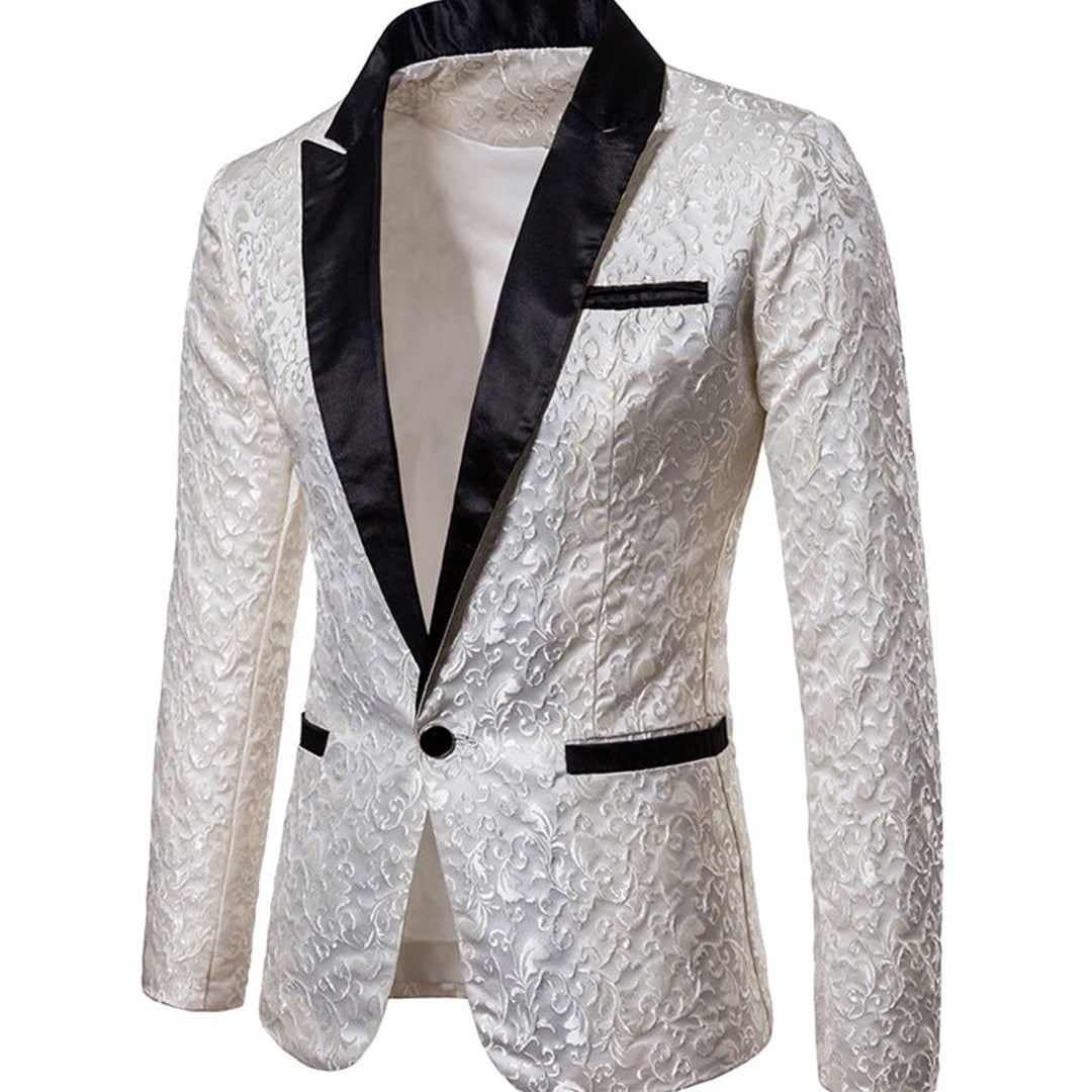 Men's Slim-Fit Brocade Satin-Lapel Single-Button Blazer Jacket, Gold - White
