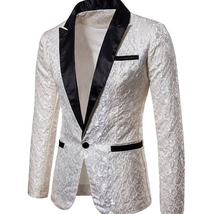 Men's Slim-Fit Brocade Satin-Lapel Single-Button Blazer Jacket, Gold - White