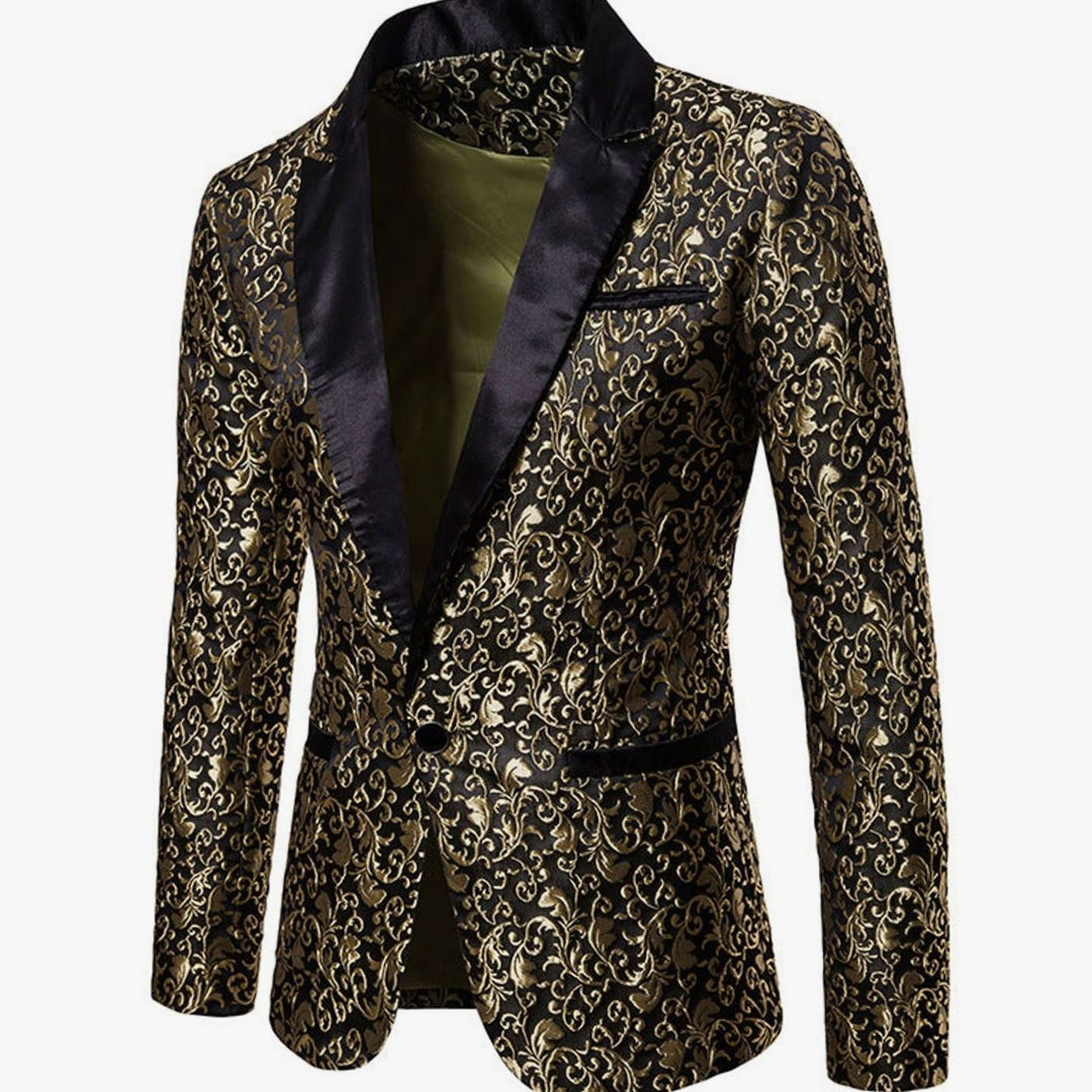 Men's Slim-Fit Brocade Satin-Lapel Single-Button Blazer Jacket, Gold - Gold