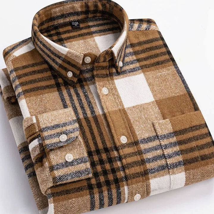 Men's Slim-Fit Brushed Flannel Button-Down Plaid Shirt - Khaki