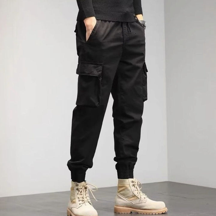Men's Slim-Fit Cargo Pants Tapered Jogger Zip Pockets - Black
