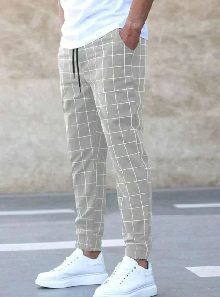 Men's Slim-Fit Checked Drawstring Chino Pants - Light Gray