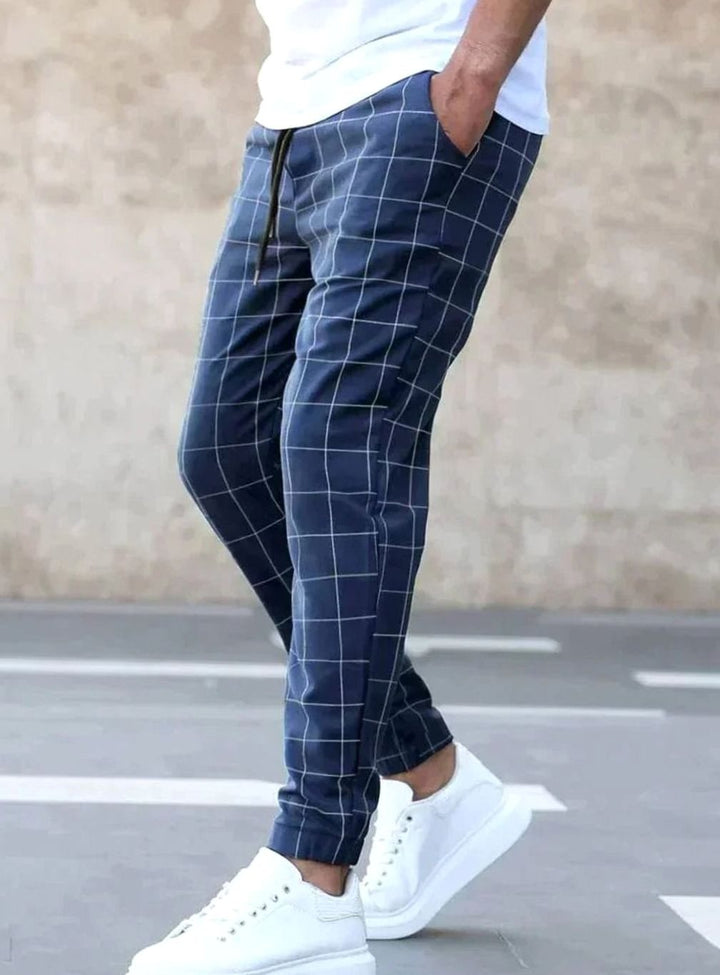 Men's Slim-Fit Checked Drawstring Chino Pants - Blue