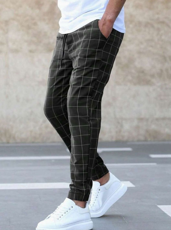 Men's Slim-Fit Checked Drawstring Chino Pants - Black