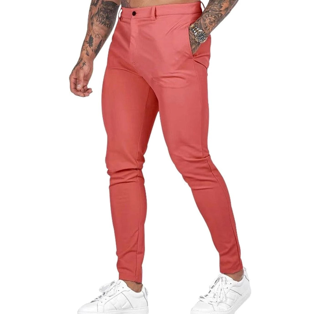 Men's Slim Fit Chino Pants Elastic Waistband Side Pockets - Pink