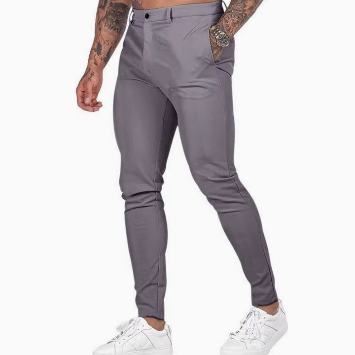 Men's Slim Fit Chino Pants Elastic Waistband Side Pockets - Dark Gray