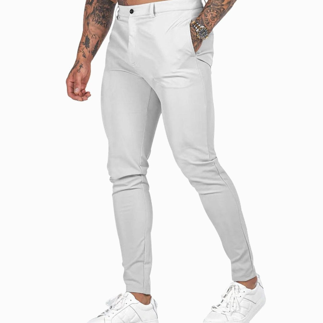 Men's Slim Fit Chino Pants Elastic Waistband Side Pockets - White